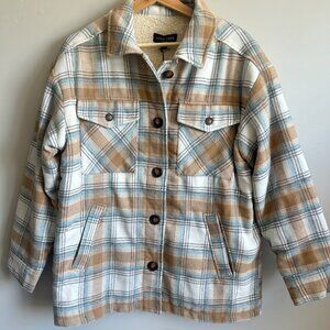 Love Tree Jacket Size M Flannel Shacket Fleece Plaid Faux Fur Oversized Fit